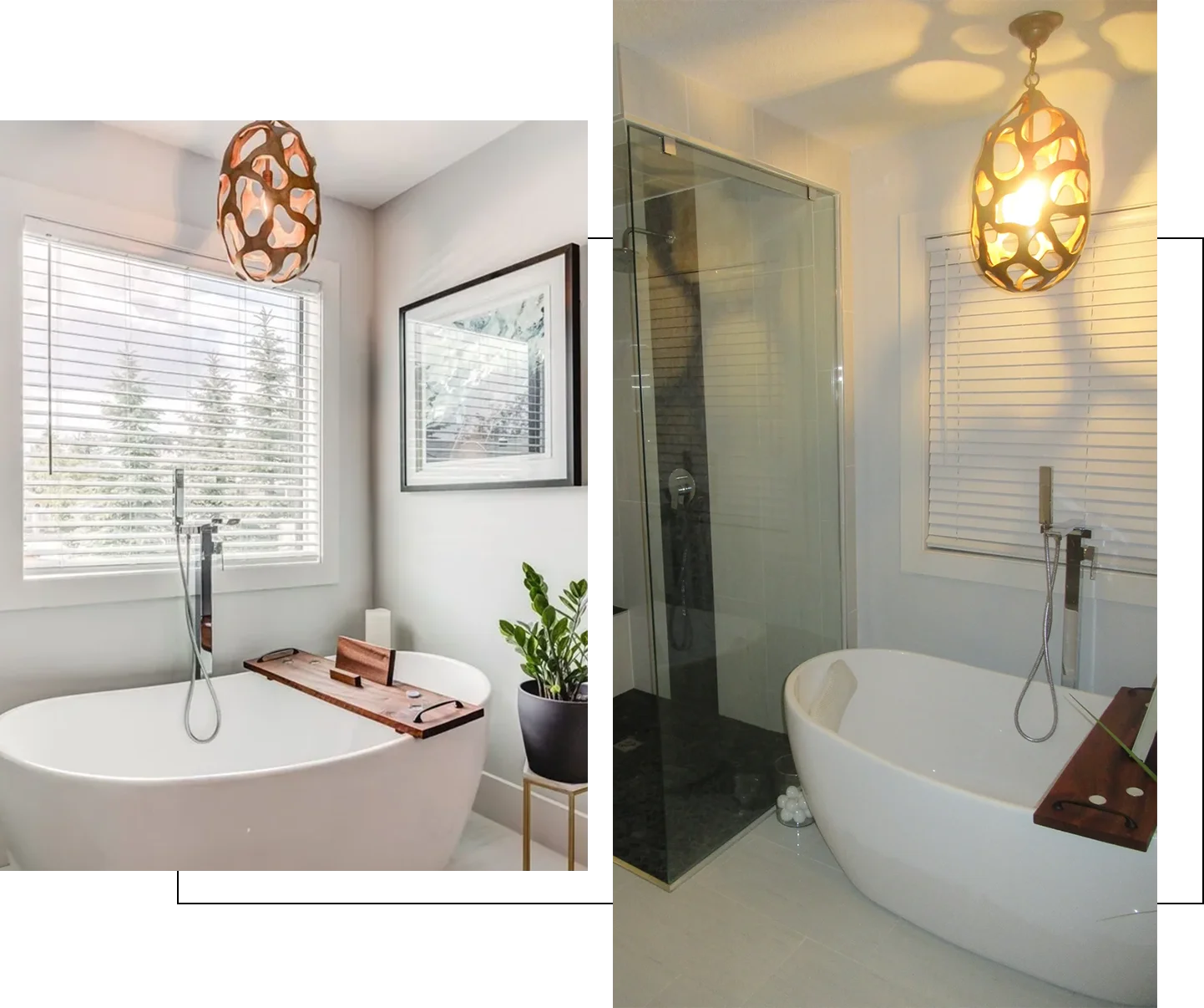 A bathroom with two different lighting fixtures and a tub.