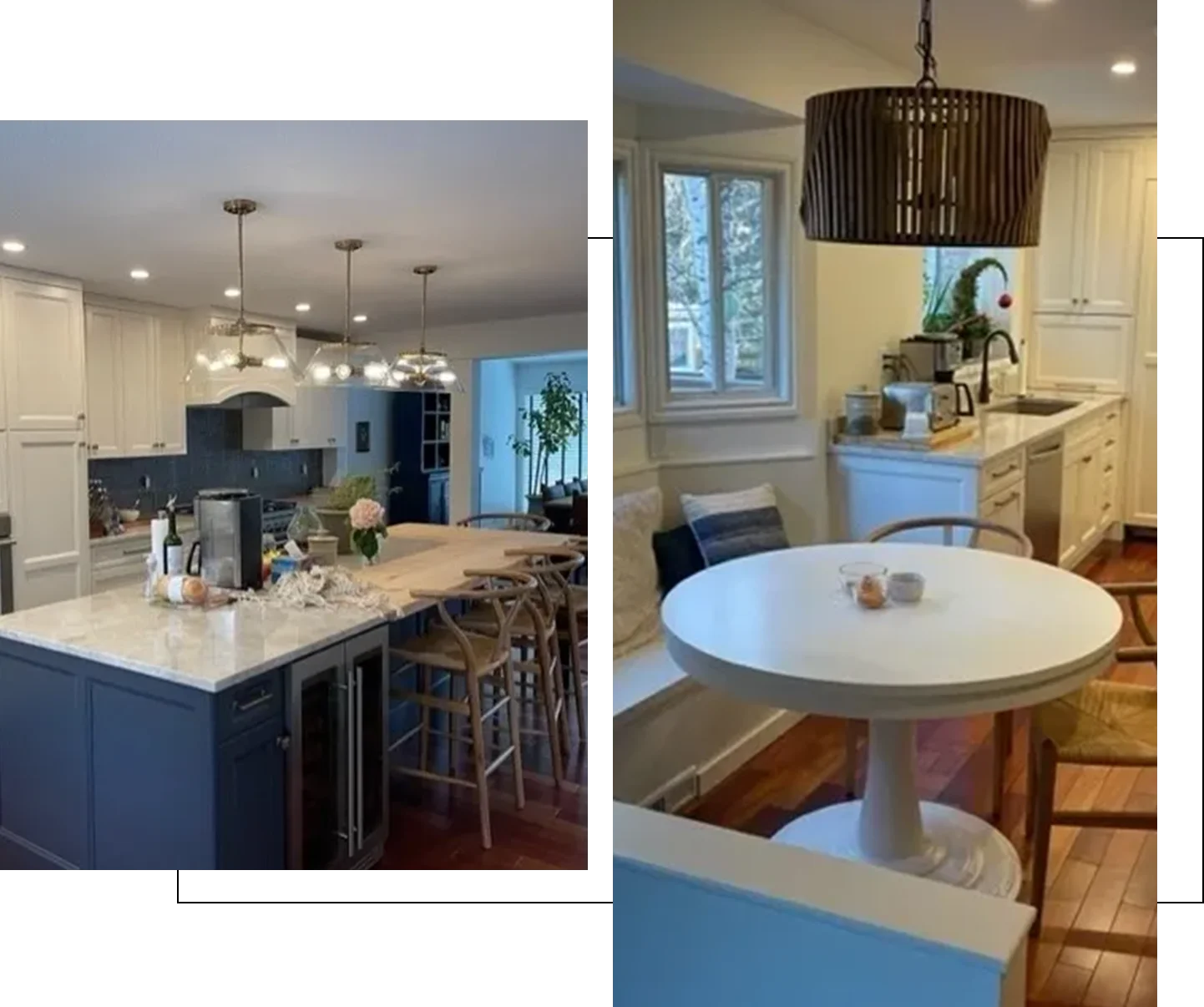 A kitchen with two different views of the same room.