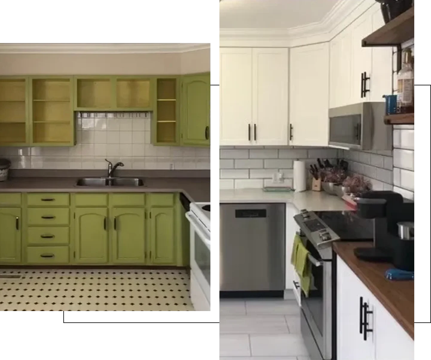 A kitchen with two different colors of cabinets.