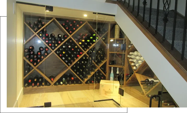 A wine cellar with many bottles of wine.